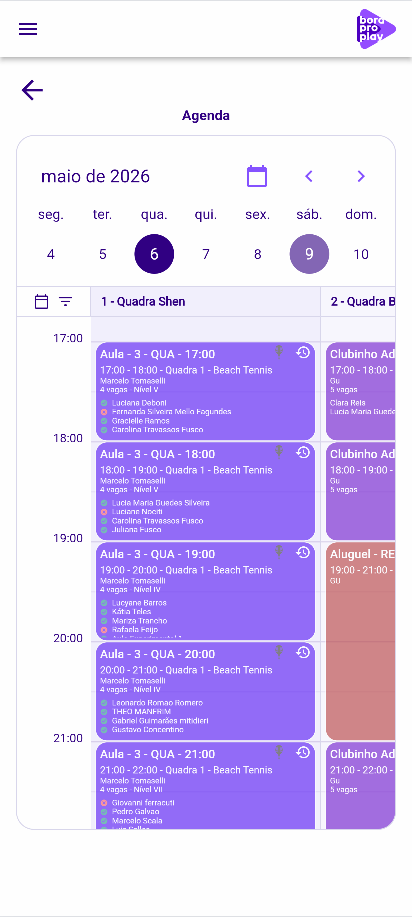 Tela de agenda e gestão de aula do Bora Pro Play