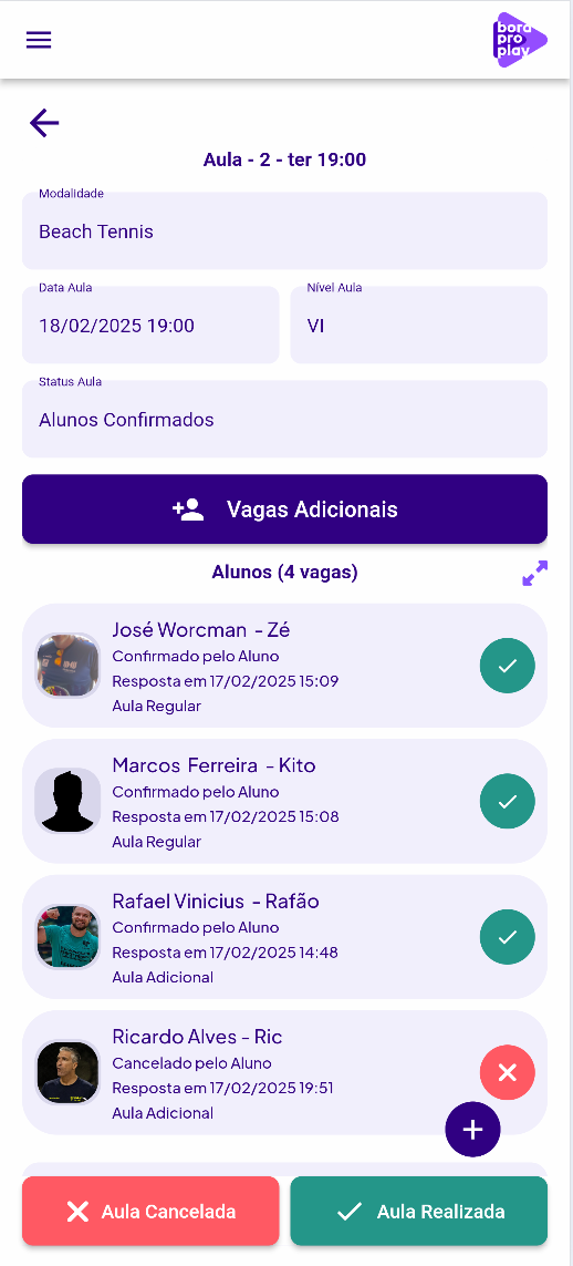 Tela de confirmação de aula do Bora Pro Play